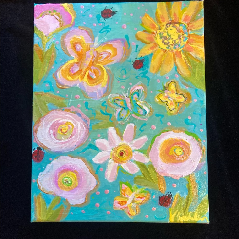 Butterflies & Flowers an Acrylic Original Painting 14”X 11”Canvas